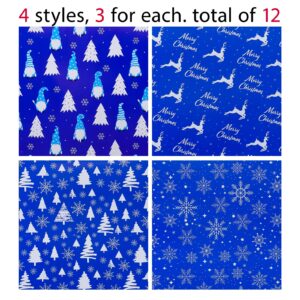 LeZakaa Christmas Gift Wrapping Paper - 12 Folded Sheet with 4 Different Christmas Design in Blue (Snowflake, Tree, Reindeer, Gnome) - 27.5 x 19.6 inches Per Sheet