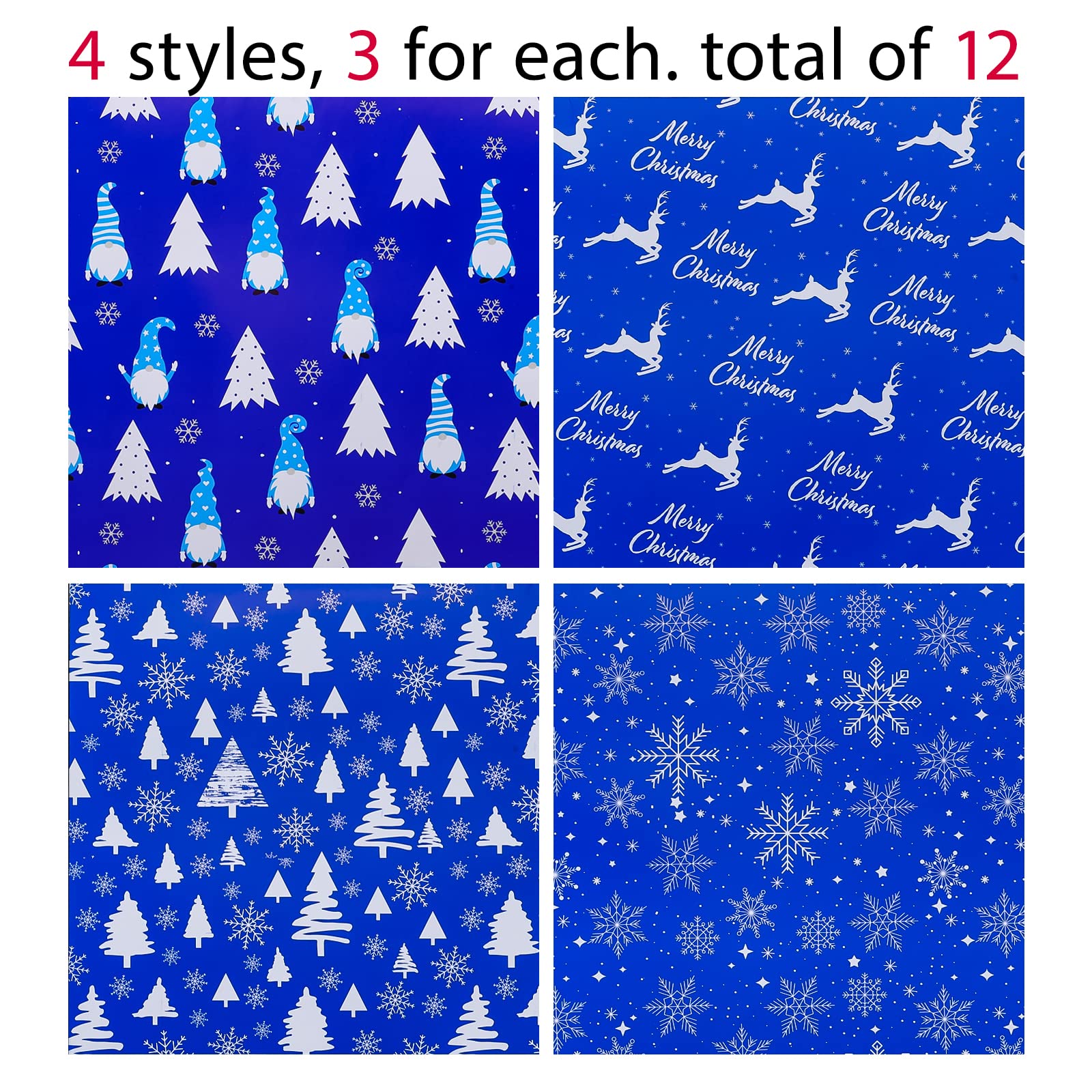 LeZakaa Christmas Gift Wrapping Paper - 12 Folded Sheet with 4 Different Christmas Design in Blue (Snowflake, Tree, Reindeer, Gnome) - 27.5 x 19.6 inches Per Sheet