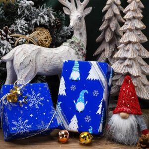 LeZakaa Christmas Gift Wrapping Paper - 12 Folded Sheet with 4 Different Christmas Design in Blue (Snowflake, Tree, Reindeer, Gnome) - 27.5 x 19.6 inches Per Sheet