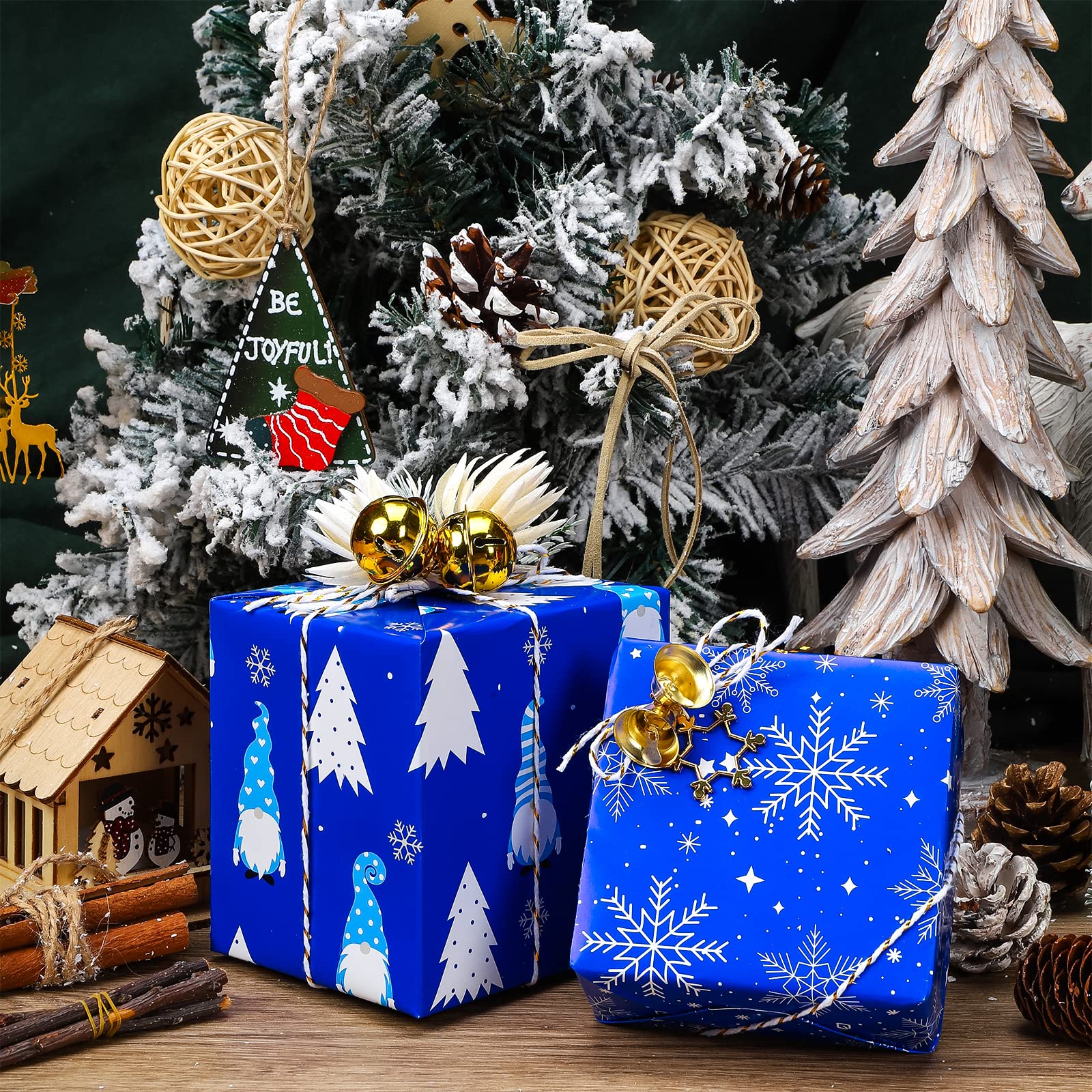 LeZakaa Christmas Gift Wrapping Paper - 12 Folded Sheet with 4 Different Christmas Design in Blue (Snowflake, Tree, Reindeer, Gnome) - 27.5 x 19.6 inches Per Sheet