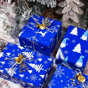 LeZakaa Christmas Gift Wrapping Paper - 12 Folded Sheet with 4 Different Christmas Design in Blue (Snowflake, Tree, Reindeer, Gnome) - 27.5 x 19.6 inches Per Sheet