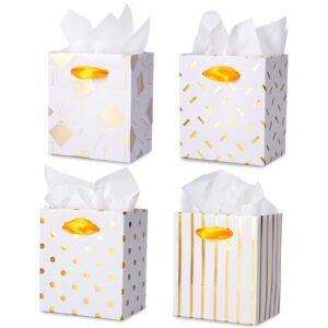 Plauthus 16 Pack Mini Gift Bags with Handles & Tissue Paper, Cute Assorted Pattern Small Gift Bags for Christmas, Holiday, Wedding, Baby Shower, Birthday Party (Gold & White-4.5” x4” x2.75”)