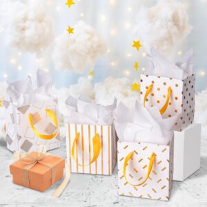 Plauthus 16 Pack Mini Gift Bags with Handles & Tissue Paper, Cute Assorted Pattern Small Gift Bags for Christmas, Holiday, Wedding, Baby Shower, Birthday Party (Gold & White-4.5” x4” x2.75”)