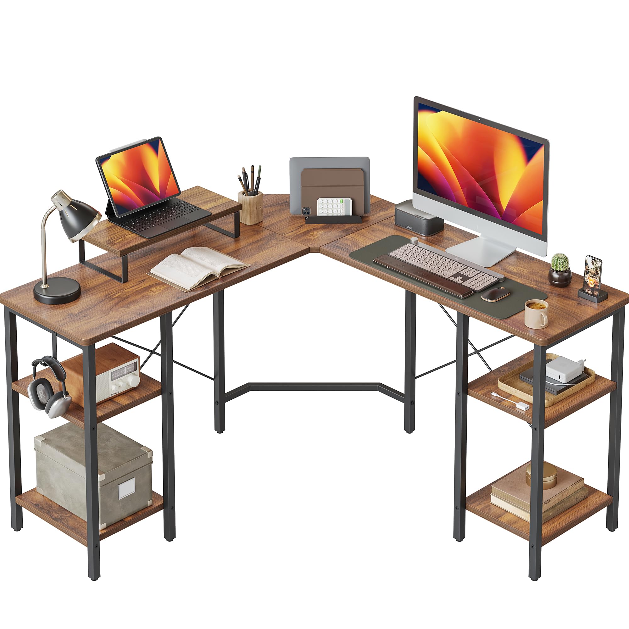 CubiCubi L Shaped Desk, 50.4 inch Computer Corner Desk with 2 Storage Shelves, Home Office Desk with Monitor Stand, Rustic Brown