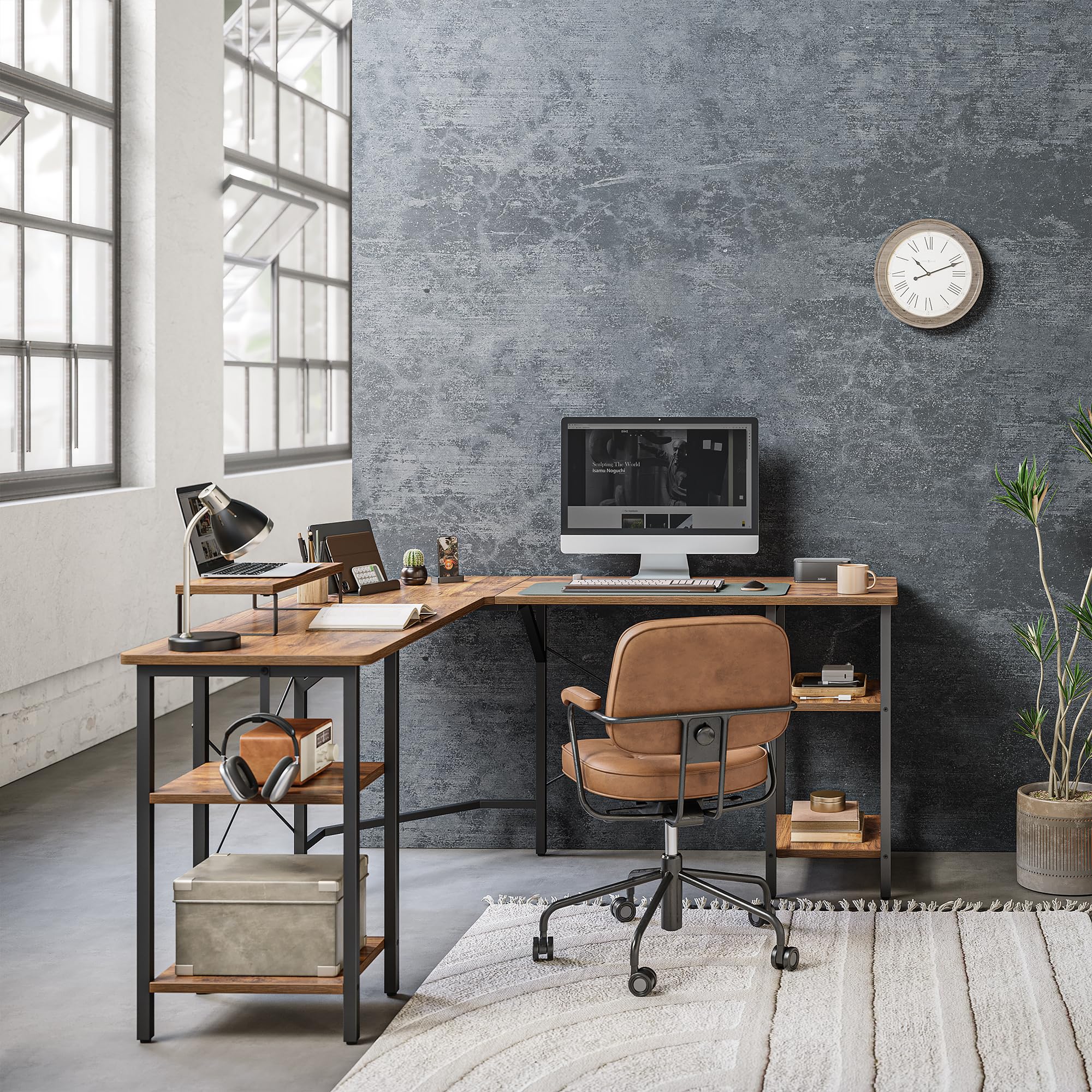 CubiCubi L Shaped Desk, 50.4 inch Computer Corner Desk with 2 Storage Shelves, Home Office Desk with Monitor Stand, Rustic Brown