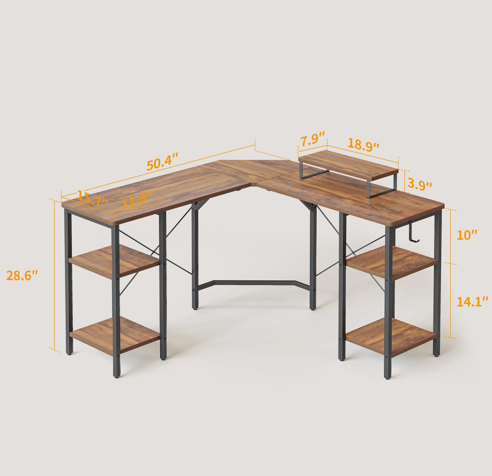 CubiCubi L Shaped Desk, 50.4 inch Computer Corner Desk with 2 Storage Shelves, Home Office Desk with Monitor Stand, Rustic Brown