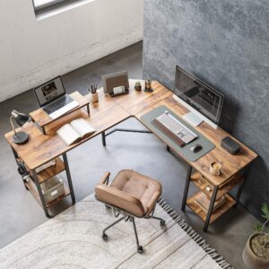 CubiCubi L Shaped Desk, 50.4 inch Computer Corner Desk with 2 Storage Shelves, Home Office Desk with Monitor Stand, Rustic Brown