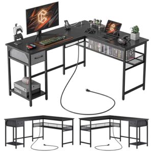 cubicubi l shaped gaming desk with power outlets and usb charging ports, 58" reversible corner computer desk with storage shelves and drawer, home office desk with bookshlf, black