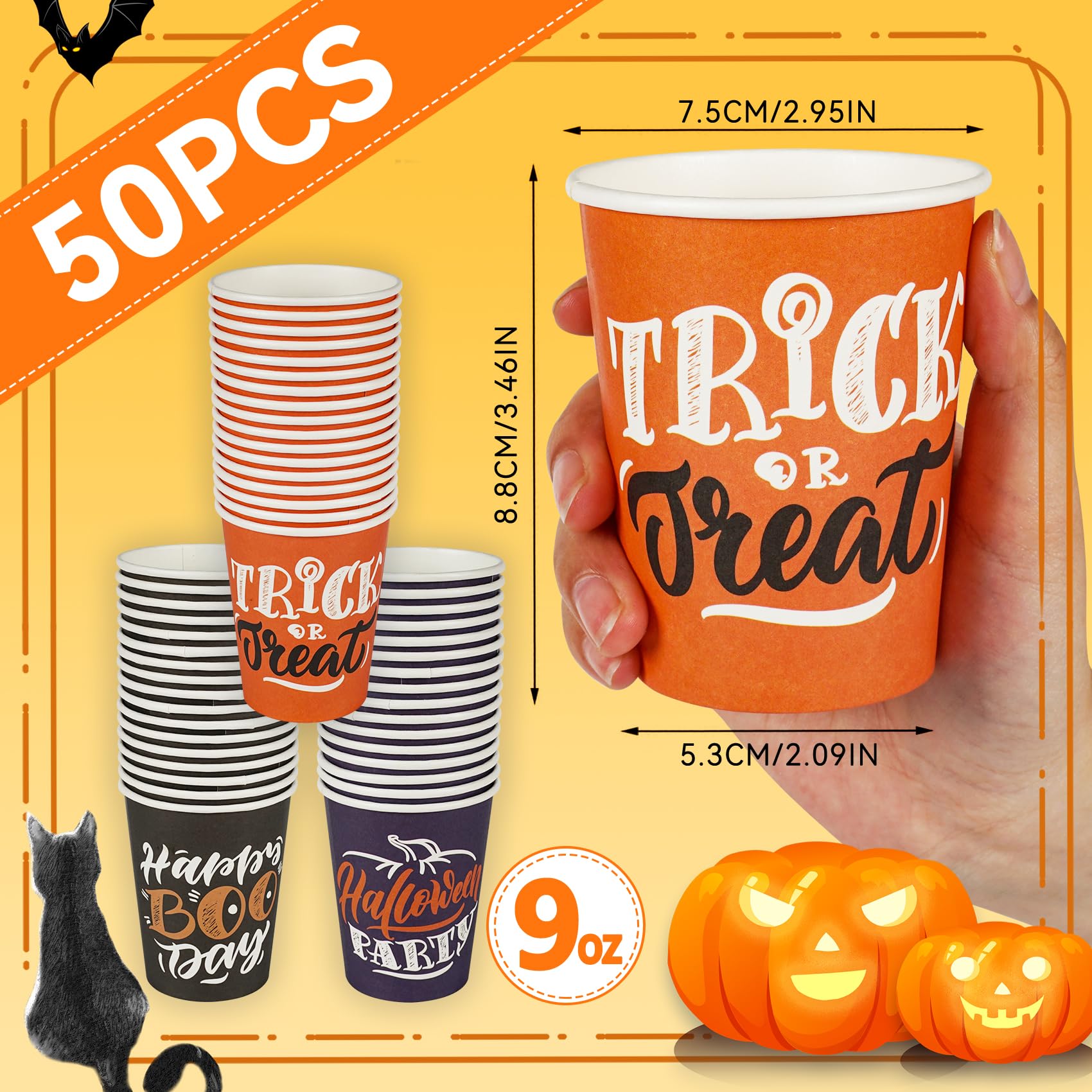 ATFUNSHOP Halloween Disposable Cups 50PCS Party Paper Cups 9oz 3 Styles