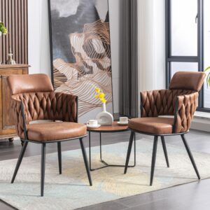 BFZ Dining Chairs Set of 2, Mid-Century Modern Dining Chair, Retro Faux Leather Kitchen Dining Room Chairs, Hand Weaving Upholstered Dining Chairs with Metal Legs for Dining Room, Kitchen, Living Room