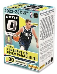 2022-23 donruss optic nba basketball factory sealed blaster box 6 packs of 5 cards, 30 cards in all. find 7 inserts or parallel prizms per box, look for retail exclusive inserts and rare checkerboard parallel prizms chase rated rookie cards and autographs