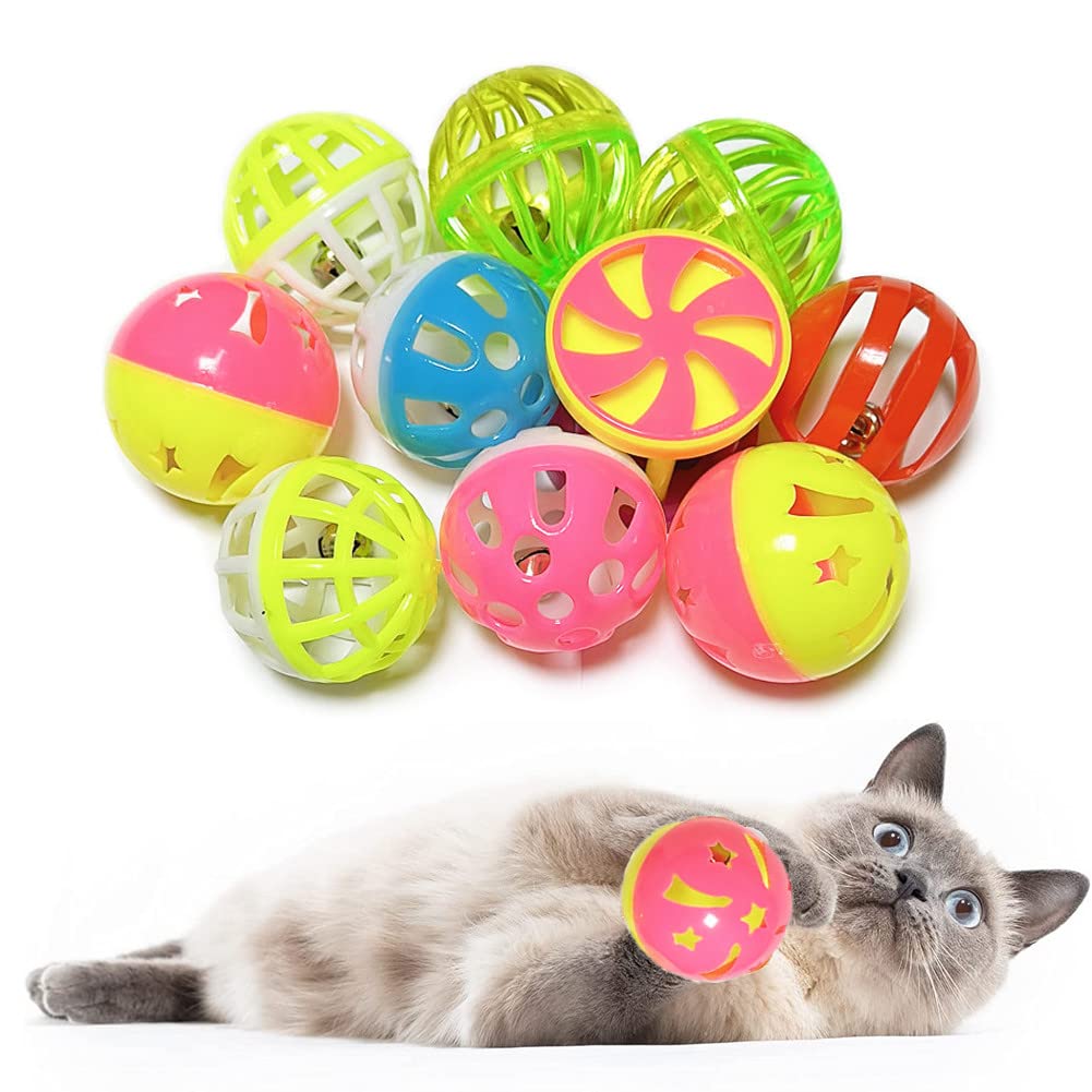 PETFAVORITES Cat Jingle Balls Toys 10Pcs 6 Styles for Indoor Cats - Plastic Lattice Cat Balls with Bells Kitten Rattle Toy, Gift Box and 1.5"