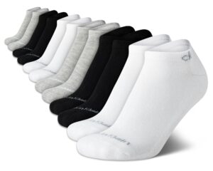 calvin klein women's athletic socks - lightweight performance no show socks (12 pack), size shoe size 4-10, blackwhitegrey