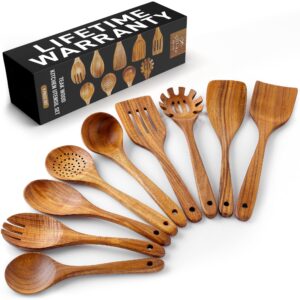 zulay kitchen 9-piece teak wooden utensils for cooking - smooth finish natural teak utensil set - non-stick wooden spoons for cooking - kitchen gift set - comfortable grip wooden utensil set