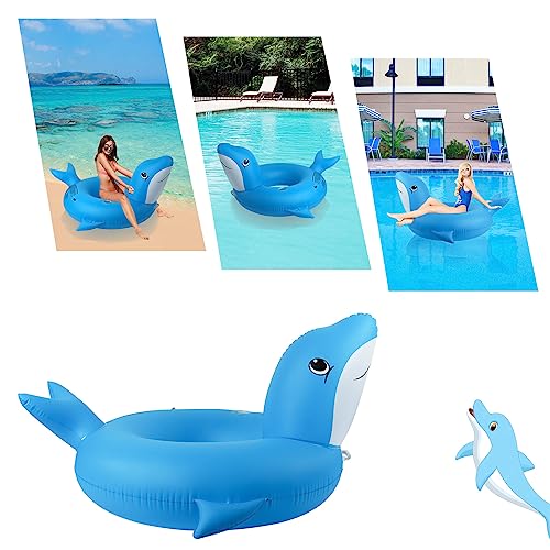 Uekars Inflatable Dolphin Pool Floats with Solar Lights, Dolphin Pool Beach Floaties Pool Tubes Rings with Cup Holder & Handle,Large Summer Water Fun Lounge Raft Swim Tubes with Fast Valves for Adults