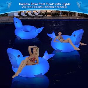 Uekars Inflatable Dolphin Pool Floats with Solar Lights, Dolphin Pool Beach Floaties Pool Tubes Rings with Cup Holder & Handle,Large Summer Water Fun Lounge Raft Swim Tubes with Fast Valves for Adults