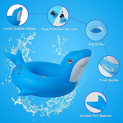 Uekars Inflatable Dolphin Pool Floats with Solar Lights, Dolphin Pool Beach Floaties Pool Tubes Rings with Cup Holder & Handle,Large Summer Water Fun Lounge Raft Swim Tubes with Fast Valves for Adults