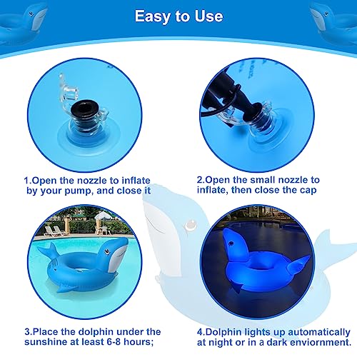 Uekars Inflatable Dolphin Pool Floats with Solar Lights, Dolphin Pool Beach Floaties Pool Tubes Rings with Cup Holder & Handle,Large Summer Water Fun Lounge Raft Swim Tubes with Fast Valves for Adults