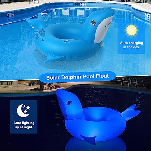 Uekars Inflatable Dolphin Pool Floats with Solar Lights, Dolphin Pool Beach Floaties Pool Tubes Rings with Cup Holder & Handle,Large Summer Water Fun Lounge Raft Swim Tubes with Fast Valves for Adults