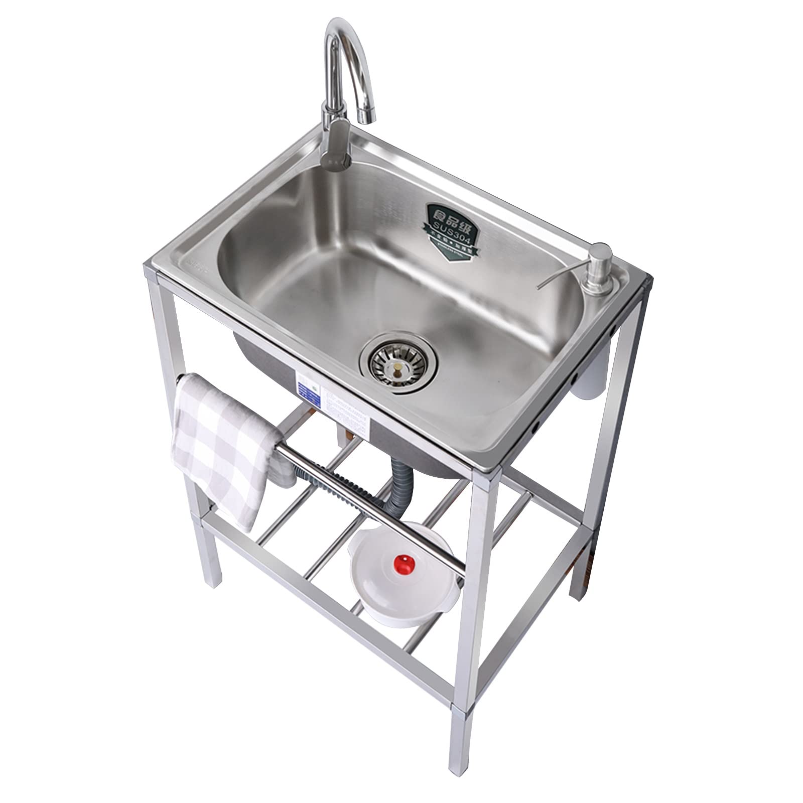 Stainless Steel Utility Sink Single Bowl, Outdoor Garden Sink Freestanding Commercial Restaurant Kitchen Prep Cleaning Station Sink with Faucet, for Kitchen, Laundry Tub, Room, Garage (Color : Hot co