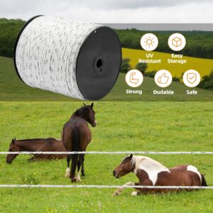 HENGTONG Electric Fence Poly Rope 656ft (200m), 1/4 inch (6mm) Upgraded Portable Polyrope, 6 x 0.18mm Strong SS Conductors, Electric Fence Rope for Horses, Safe Enough for Large Animals (White)