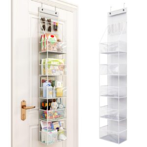 Fixwal 6-Shelf Over The Door Hanging Pantry Organizer Hanging Storage with Clear Plastic Pockets Slim Door Shelf Behind The Door Storage with 3 Small PVC Pockets for Closet Bedroom Bathroom (White)