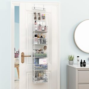 Fixwal 6-Shelf Over The Door Hanging Pantry Organizer Hanging Storage with Clear Plastic Pockets Slim Door Shelf Behind The Door Storage with 3 Small PVC Pockets for Closet Bedroom Bathroom (White)