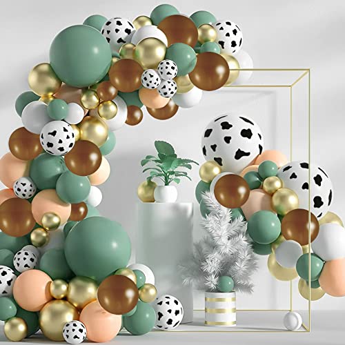 136Pcs Cowboy Sage Green Balloon Garland Arch Kit, Reusable Sage Green Brown Cow Print Balloons, Retro Gold Sand White Balloon Latex, Decoration Balloon Party Background Balloon for Birthday Wedding