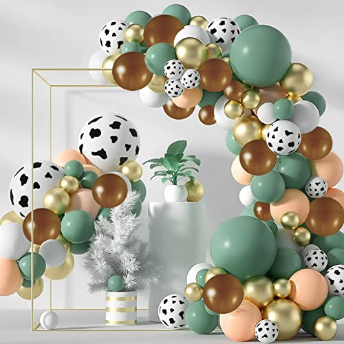 136Pcs Cowboy Sage Green Balloon Garland Arch Kit, Reusable Sage Green Brown Cow Print Balloons, Retro Gold Sand White Balloon Latex, Decoration Balloon Party Background Balloon for Birthday Wedding