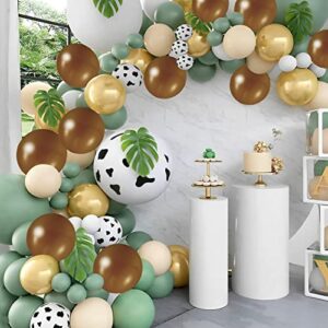 136Pcs Cowboy Sage Green Balloon Garland Arch Kit, Reusable Sage Green Brown Cow Print Balloons, Retro Gold Sand White Balloon Latex, Decoration Balloon Party Background Balloon for Birthday Wedding