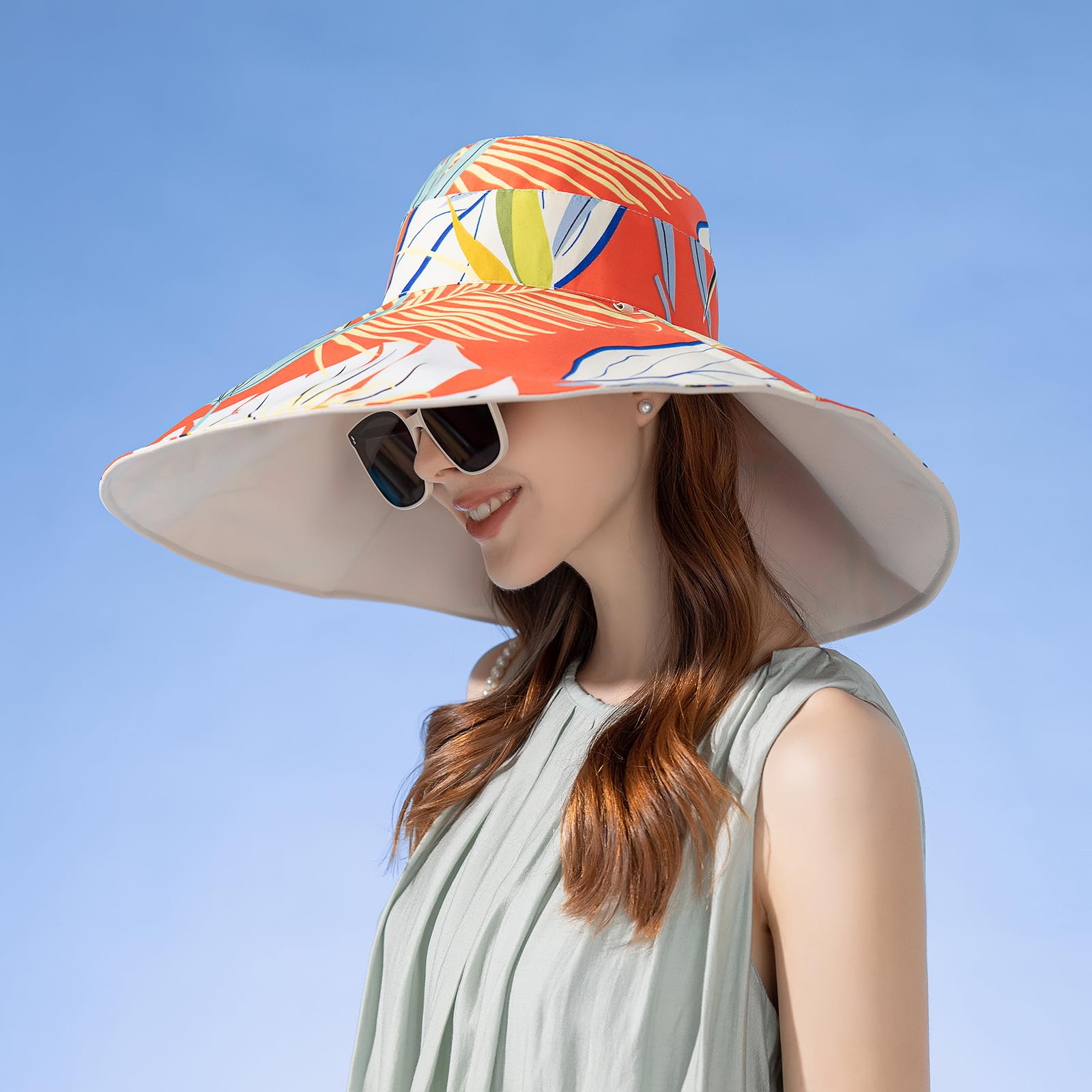 7" Women's Wide Brim Sun Hat, Large Foldable UV Protective Sun Hat, can be worn on both sides, suitable for beach, gardening, travelling, hiking（Flower/Khaki）