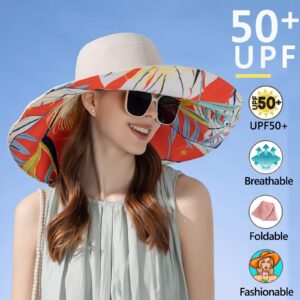 7" Women's Wide Brim Sun Hat, Large Foldable UV Protective Sun Hat, can be worn on both sides, suitable for beach, gardening, travelling, hiking（Flower/Khaki）