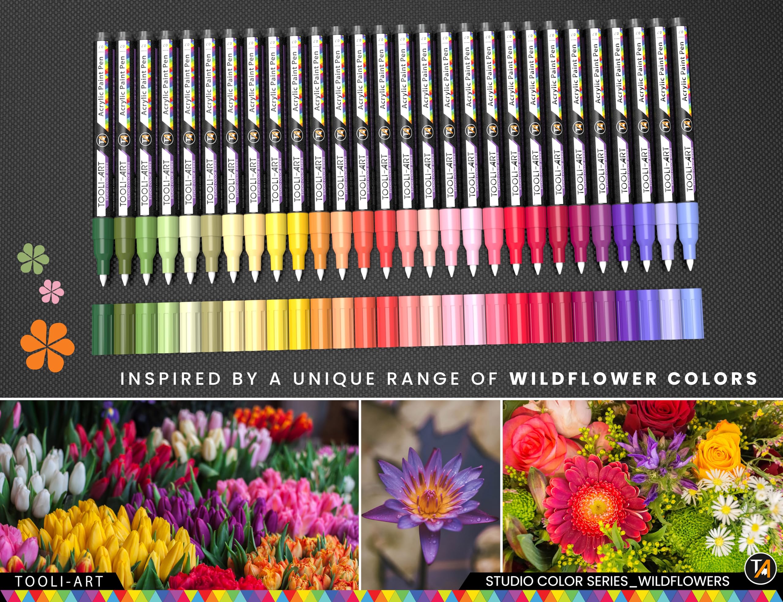 28 Wildflower Colors Acrylic Paint Pens Studio Color Series Markers Set 0.7mm Extra Fine Tip, Rock Painting, Glass, Mugs, Wood, Metal, Canvas, DIY, Detailing. Non Toxic, Waterbased, Quick Drying