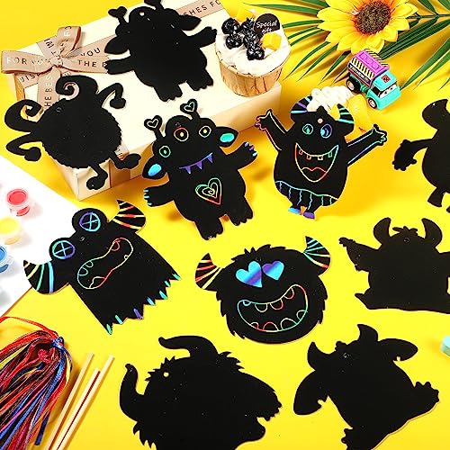 Lincia 60 Pcs Monster Scratch Cards for Kids Rainbow Scratch Paper Art Monster Kids Crafts for Girls Boys Birthday Supplies Home Decoration, 12 Styles, Kids Monster Party Gift