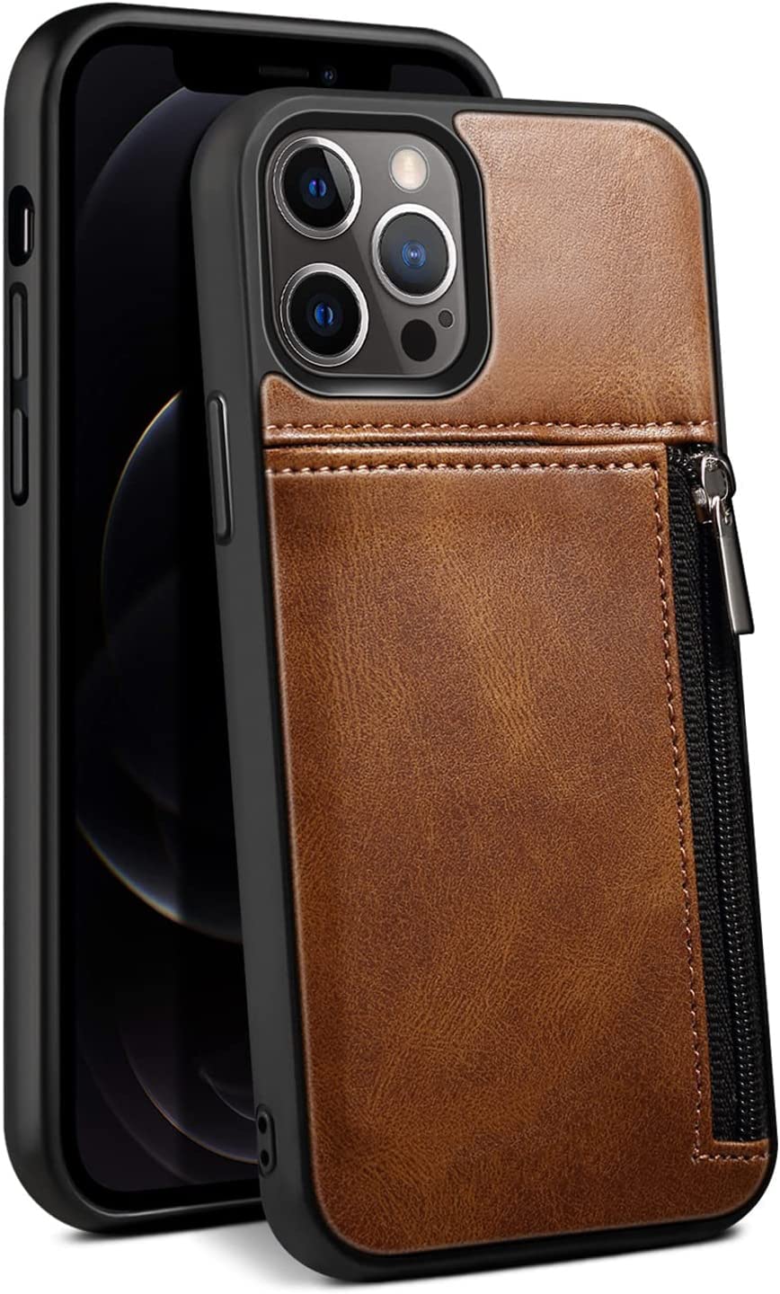 IRJFP Wallet Case for iPhone 12/12 Pro/12 Pro Max, Vintage Leather Back Cover with Zip Card Holder Case Cover for iPhone 12 Series (Color : Brown, Size : 12pro max 6.7")