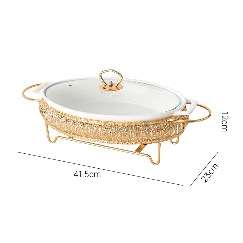 HONHPD 3 Piece Set Stainless Steel Oval Chafing Dish Buffet Set, Ceramic Marble Finish Chafer with Glass Lid, Chafer and Buffet Warmer Set for Buffet Weddings Parties Banquets, Golden