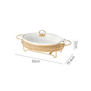 HONHPD 3 Piece Set Stainless Steel Oval Chafing Dish Buffet Set, Ceramic Marble Finish Chafer with Glass Lid, Chafer and Buffet Warmer Set for Buffet Weddings Parties Banquets, Golden