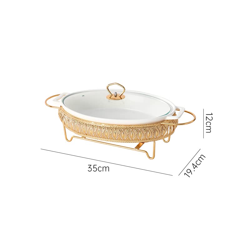 HONHPD 3 Piece Set Stainless Steel Oval Chafing Dish Buffet Set, Ceramic Marble Finish Chafer with Glass Lid, Chafer and Buffet Warmer Set for Buffet Weddings Parties Banquets, Golden