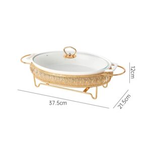 HONHPD 3 Piece Set Stainless Steel Oval Chafing Dish Buffet Set, Ceramic Marble Finish Chafer with Glass Lid, Chafer and Buffet Warmer Set for Buffet Weddings Parties Banquets, Golden