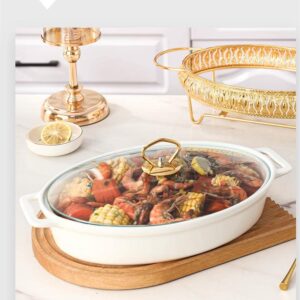 HONHPD 3 Piece Set Stainless Steel Oval Chafing Dish Buffet Set, Ceramic Marble Finish Chafer with Glass Lid, Chafer and Buffet Warmer Set for Buffet Weddings Parties Banquets, Golden