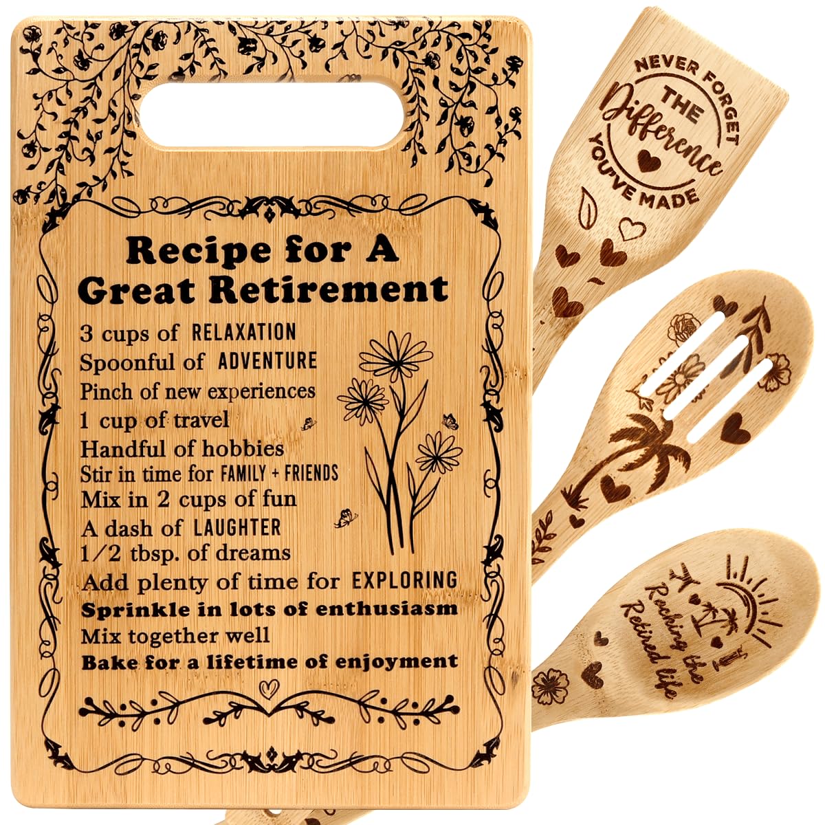 Retirement Gifts for Women Happy Retirement Cutting Boards Gift with Utensil Set Gifts Leaving Gifts for Female Coworker Teachers Nurses Boss Mom Grandma Friends Retirees Kitchen Cutting Boards C006