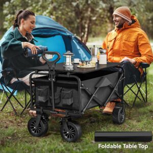 YITAHOME Folding Wagon w/Table Plate, Large Capacity Collapsible Wagon Cart, Adjustable Handle Height Foldable Utility Garden Cart, Outdoor Beach Wagon for Camping, Shopping, Sports, Garden - Black