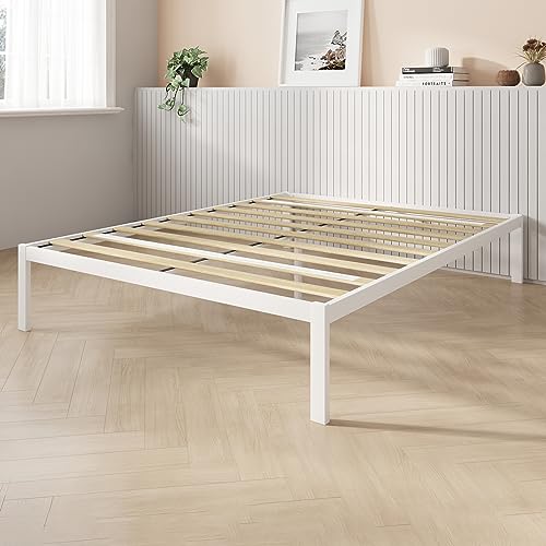 Novilla Queen Bed Frame without Headboard, Metal Platform Bed Frame, Wood Slat Support, Heavy Duty, No Box Spring Needed, Easy Assembly, White