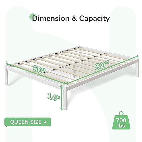 Novilla Queen Bed Frame without Headboard, Metal Platform Bed Frame, Wood Slat Support, Heavy Duty, No Box Spring Needed, Easy Assembly, White