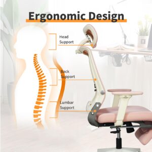 Foldable Ergonomic Office Chair with Footrest, High Back Computer Chair with 2D Headrest, Mesh Back, Sponge Seat, Adjustable Lumbar Support, 2D Armrest, Home Office Desk Chair, Pink