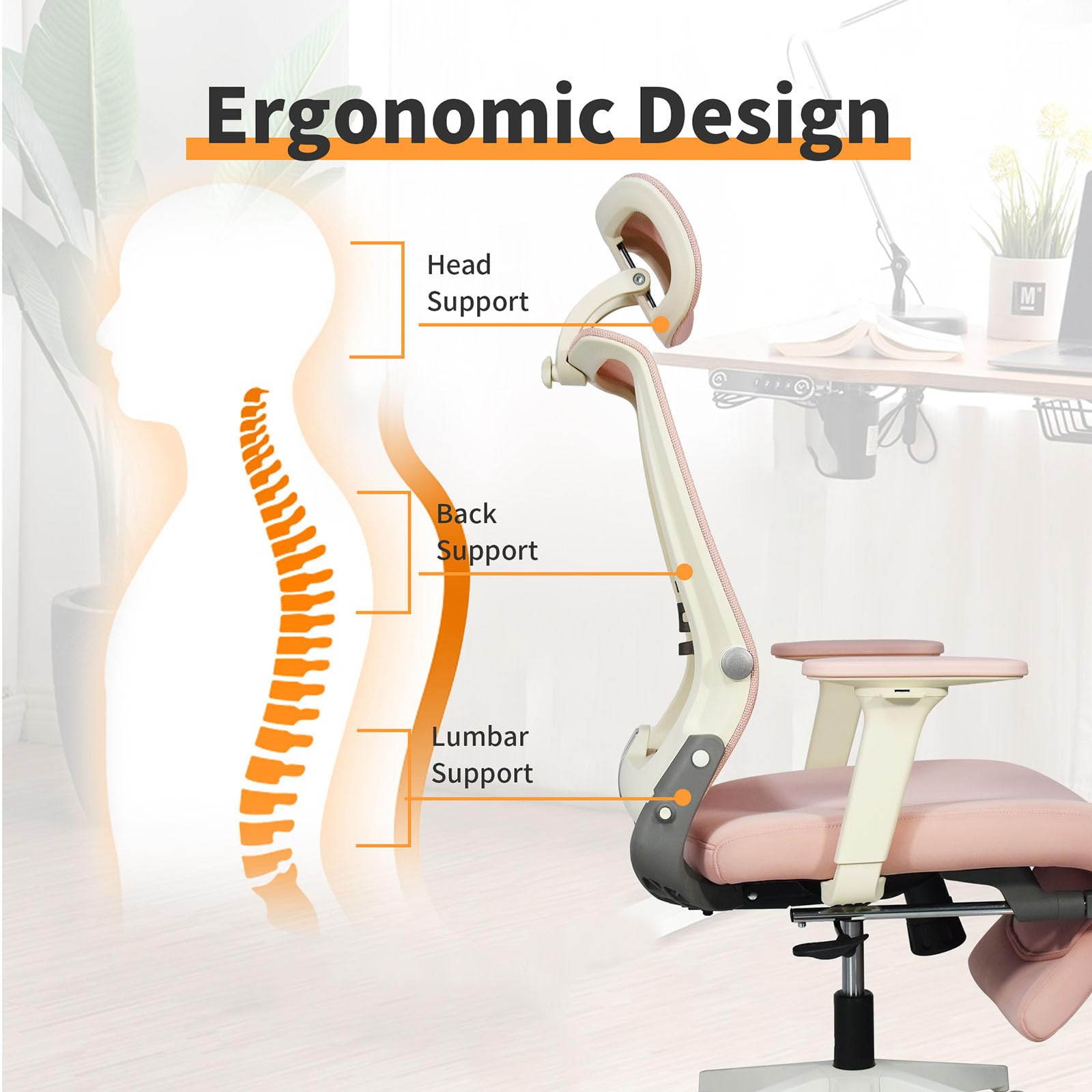 Foldable Ergonomic Office Chair with Footrest, High Back Computer Chair with 2D Headrest, Mesh Back, Sponge Seat, Adjustable Lumbar Support, 2D Armrest, Home Office Desk Chair, Pink