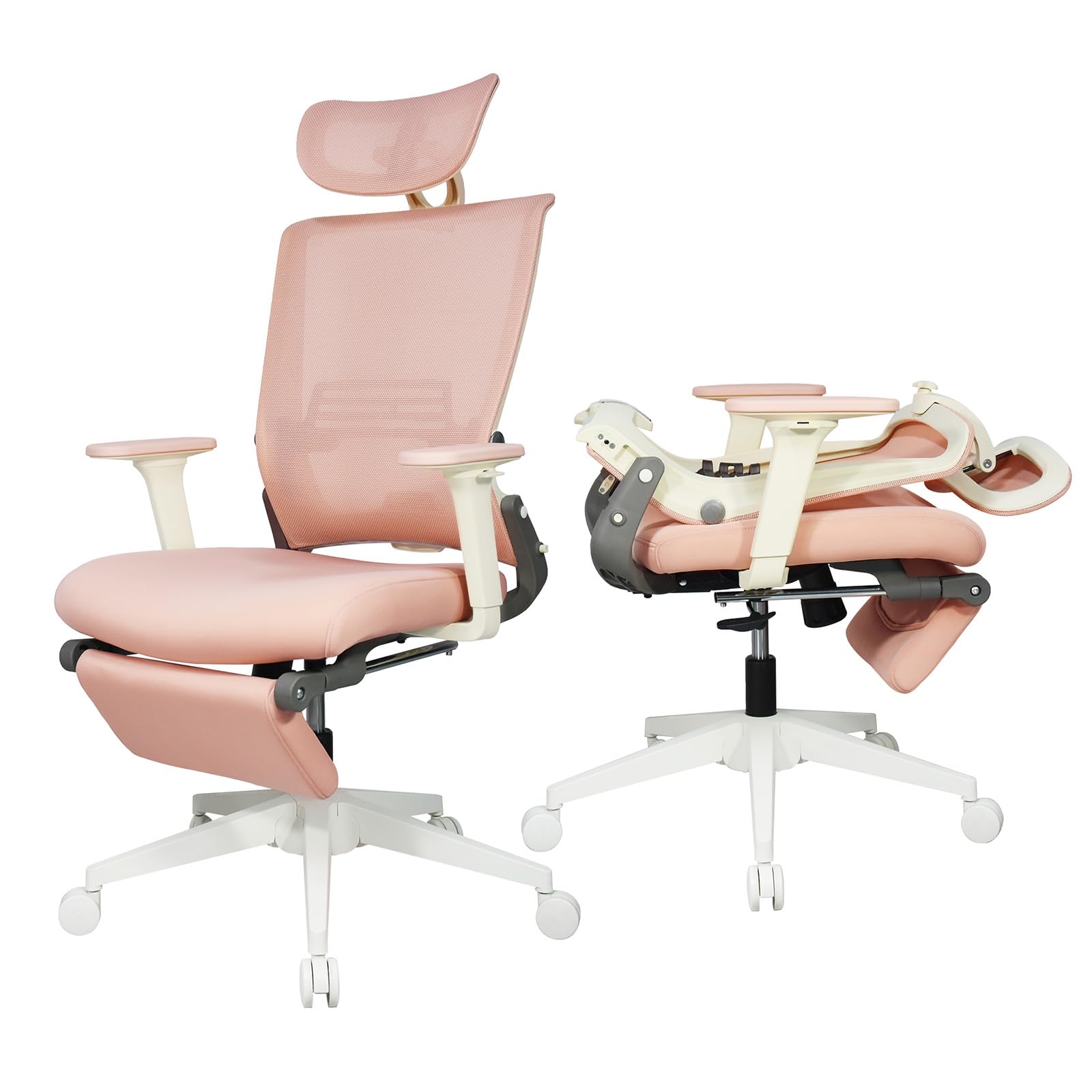 Foldable Ergonomic Office Chair with Footrest, High Back Computer Chair with 2D Headrest, Mesh Back, Sponge Seat, Adjustable Lumbar Support, 2D Armrest, Home Office Desk Chair, Pink