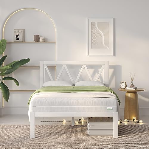 Novilla Twin Bed Frame with Headboard, Metal Platform Bed Frame, Heavy Duty, No Box Spring Needed, Wood Slat Support, Easy Assembly, White