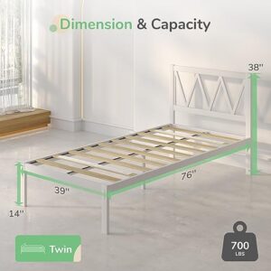 Novilla Twin Bed Frame with Headboard, Metal Platform Bed Frame, Heavy Duty, No Box Spring Needed, Wood Slat Support, Easy Assembly, White