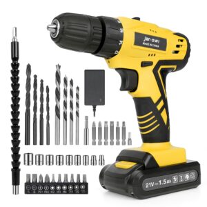 Jar-Owl 21V Cordless Drill, 350 in-lb Torque, 0-1350RMP Variable Speed, 10MM 3/8'' Keyless Chuck, 18+1 Clutch, 1.5Ah Li-Ion Battery & Charger for Home Tool Kit - Black & Yellow